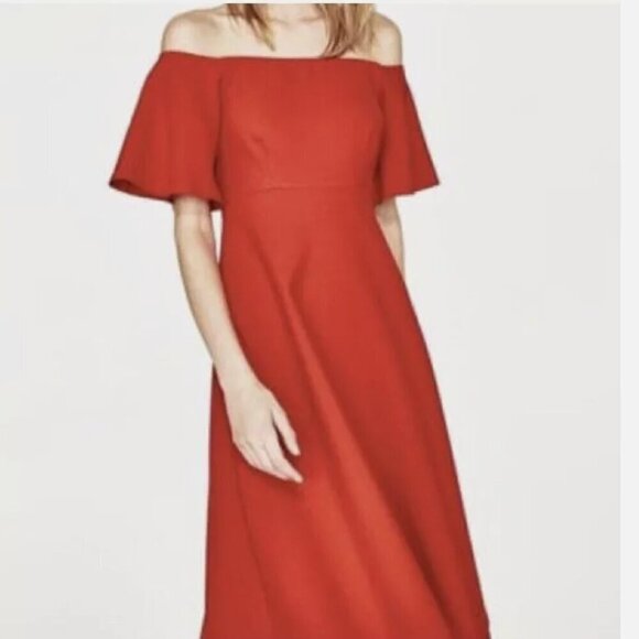 Zara Red Off-Shoulder Midi Dress with Flared Sleeves, Size Small - Picture 8 of 8